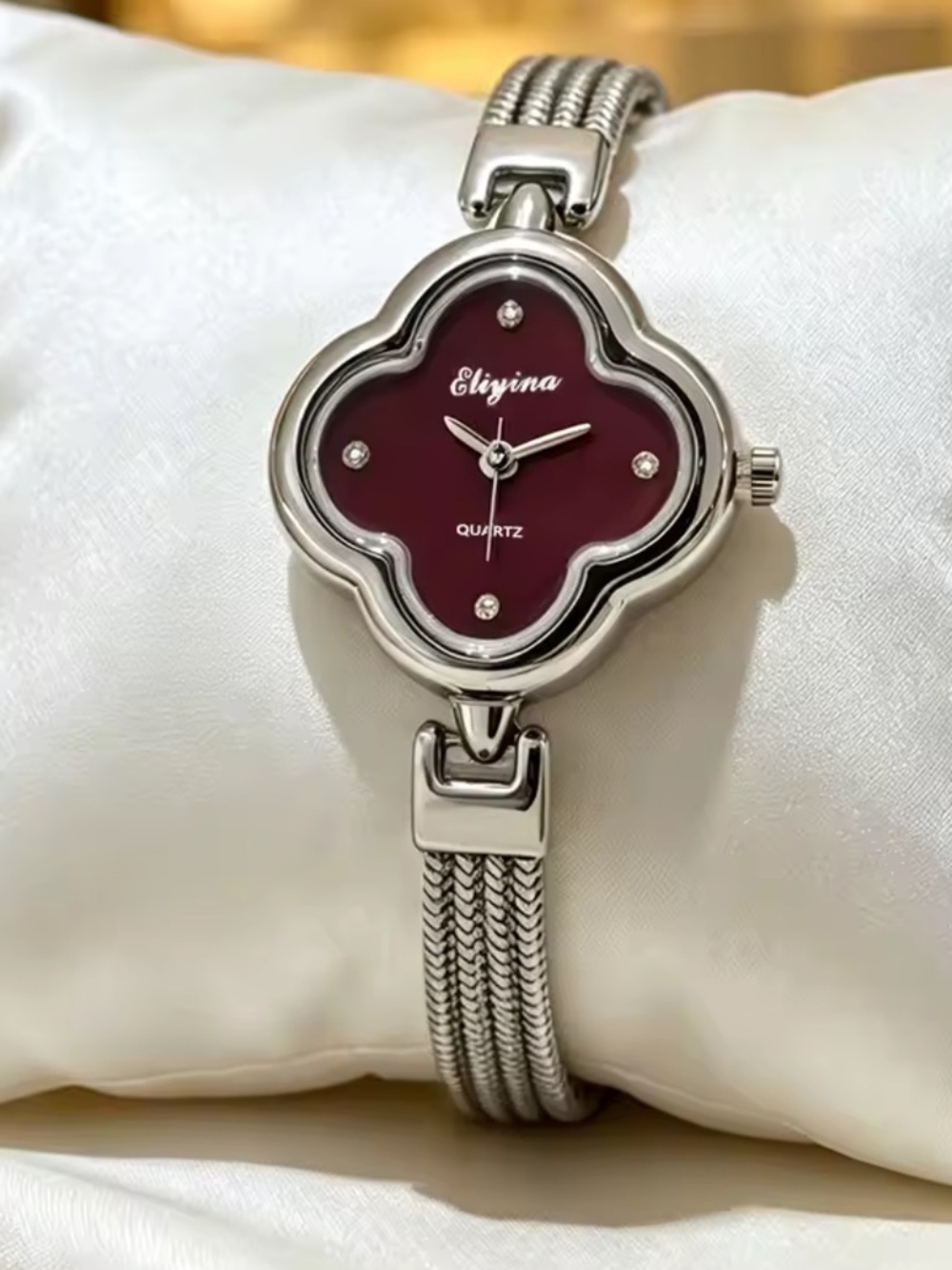 Kohl's Silver Bracelet Watch with Deep Wine Clover Dial